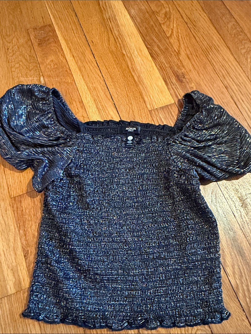 Aqua Black Shimmer Smocked Puff Sleeve Crop Top